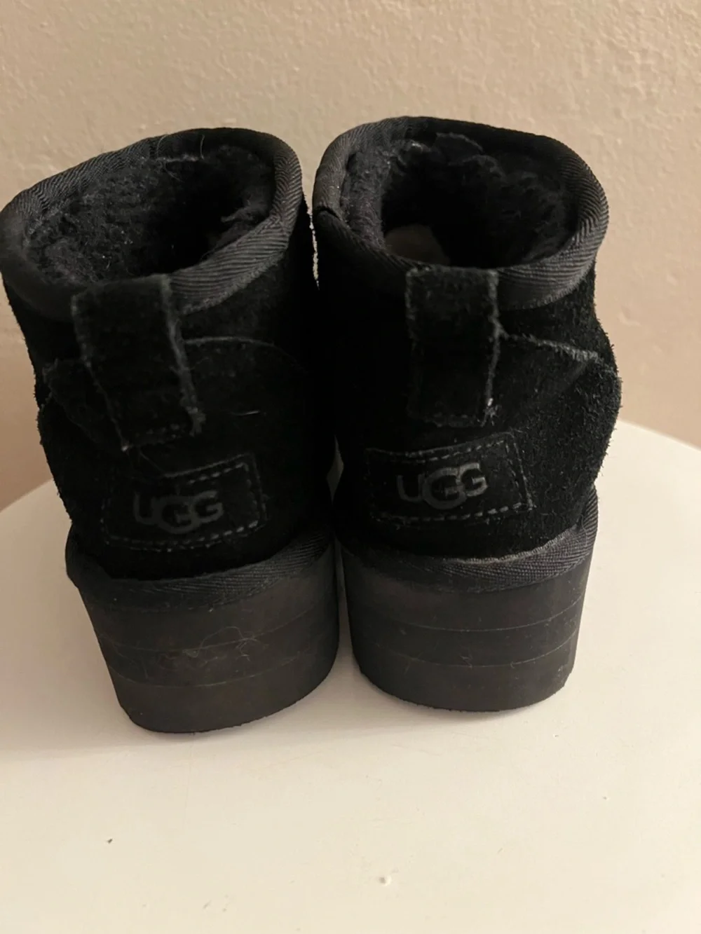 UGG Women's Classic Ultra Mini Platform boots in black suede. Size 7.